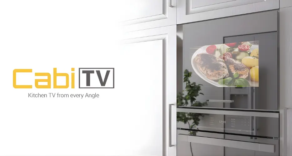 Smart kitchen TV with wall-mounted screen installed above countertop and built-in shelving.