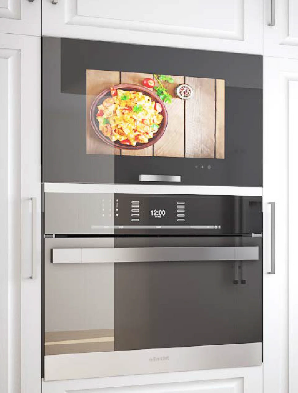 Glossy black touchscreen in a white kitchen cabinet above a stainless steel oven, showing a plated dish and oven controls.
