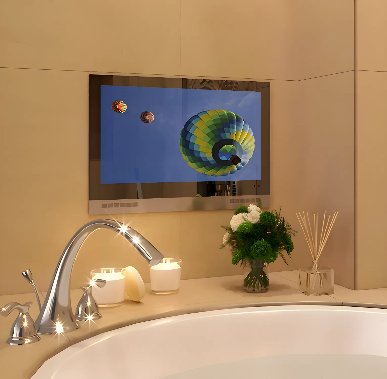 Modern all-white kitchen featuring a built-in smart kitchen TV integrated into cabinetry.